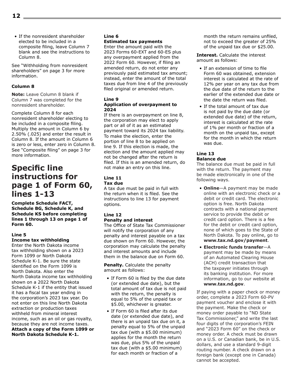 Instructions for Form 60, SFN28717 S Corporation Income Tax Return - North Dakota, Page 14