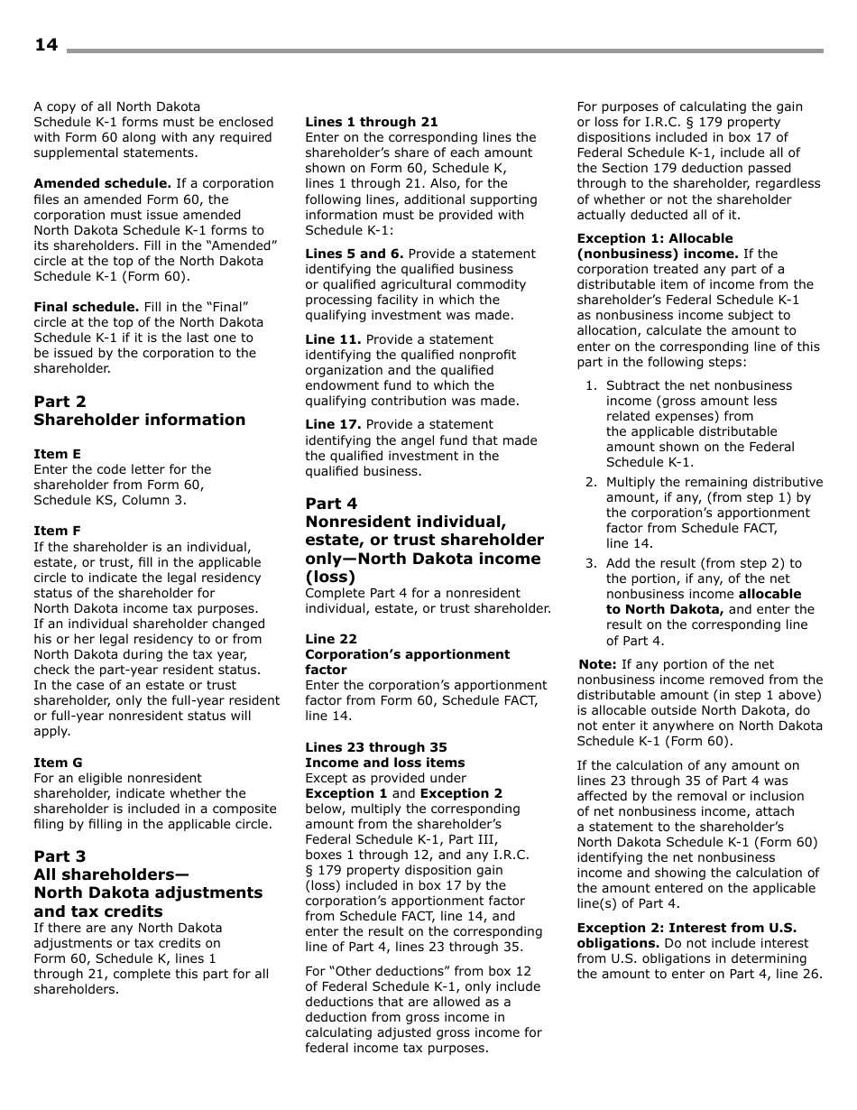 Instructions for Form 60, SFN28717 S Corporation Income Tax Return - North Dakota, Page 16