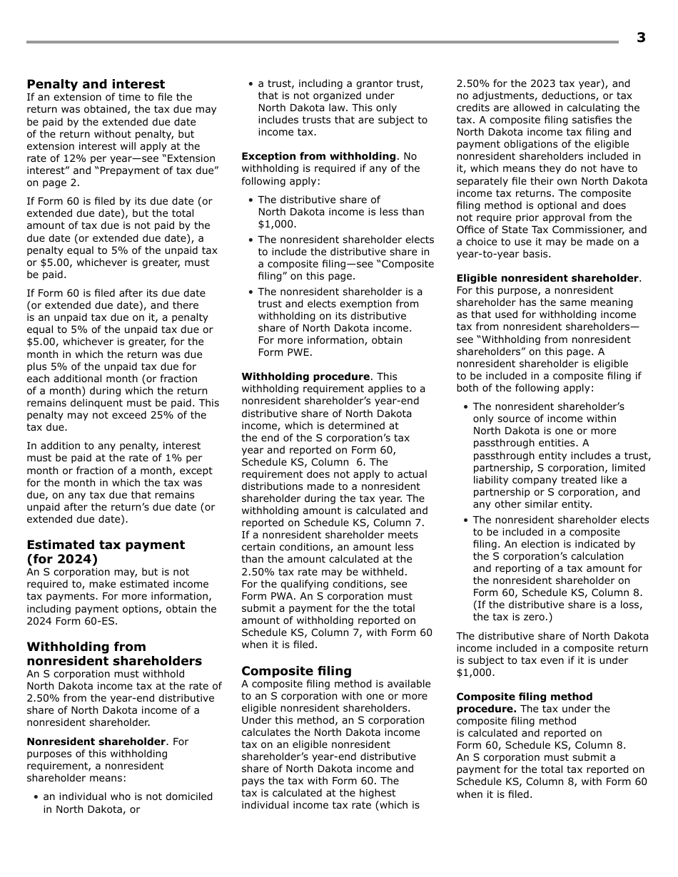 Instructions for Form 60, SFN28717 S Corporation Income Tax Return - North Dakota, Page 5