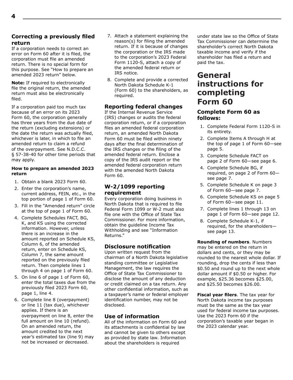 Instructions for Form 60, SFN28717 S Corporation Income Tax Return - North Dakota, Page 6