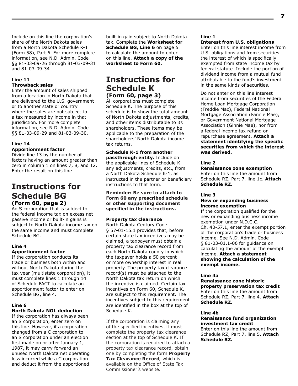 Instructions for Form 60, SFN28717 S Corporation Income Tax Return - North Dakota, Page 9