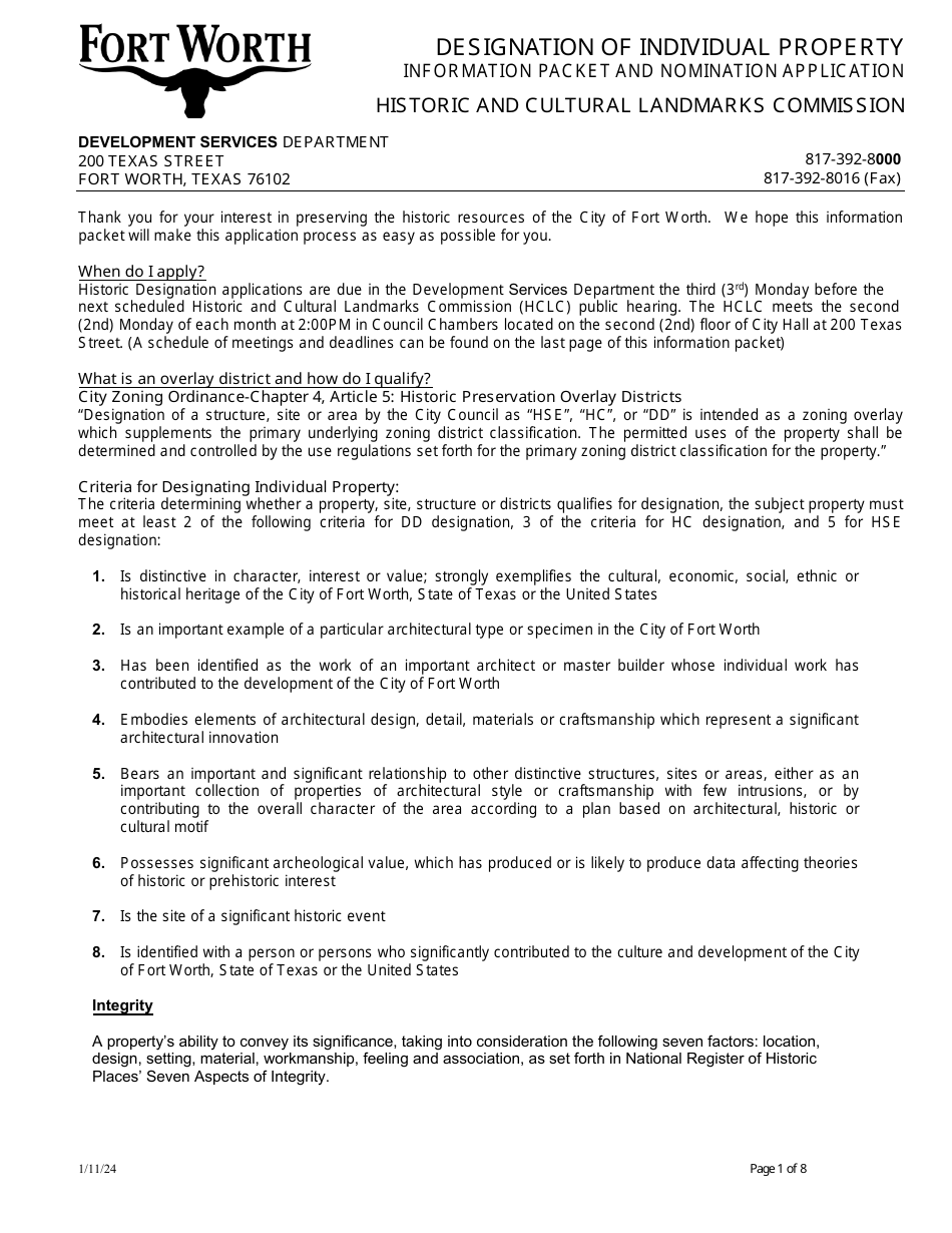 Designation of Individual Property Nomination Application - City of Fort Worth, Texas, Page 1