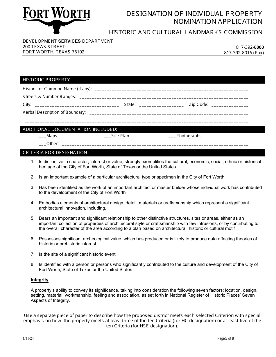 Designation of Individual Property Nomination Application - City of Fort Worth, Texas, Page 5