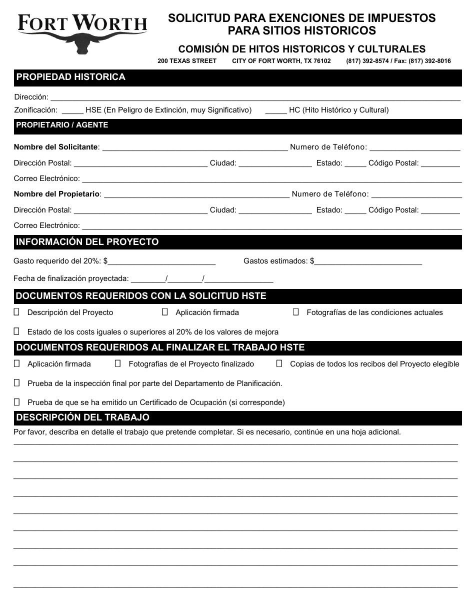Solicitud Para Exenciones De Impuestos Para Sitios Historicos - City of Fort Worth, Texas (Spanish), Page 2