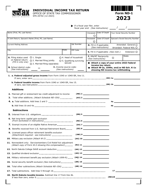 Form ND-1 (SFN28702) Individual Income Tax Return - North Dakota, 2023