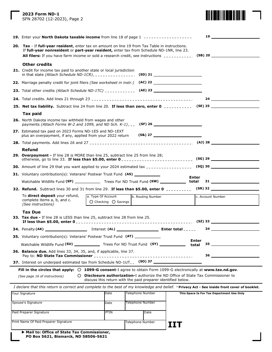 Form Nd 1 Sfn28702 Download Fillable Pdf Or Fill Online Individual Income Tax Return 2023 5943