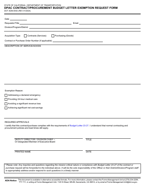 Form DOT ADM-0042 Dpac Contract/Procurement Budget Letter Exemption Request Form - California