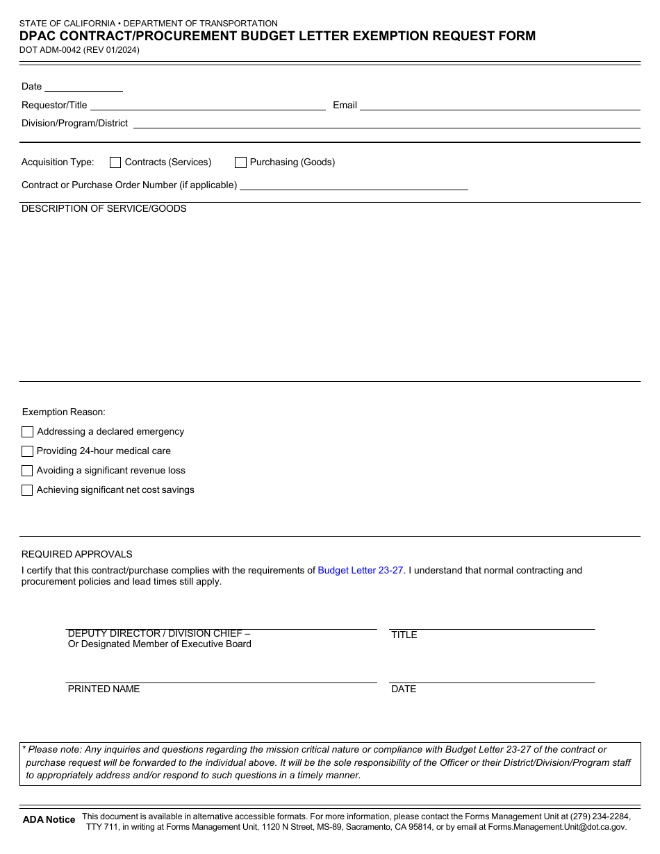 Form DOT ADM-0042 Dpac Contract / Procurement Budget Letter Exemption Request Form - California, Page 1