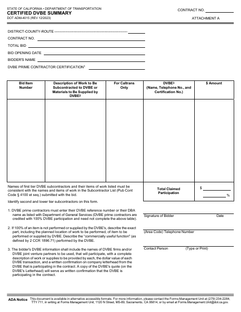 Form DOT ADM-4015 Attachment A Certified Dvbe Summary - California