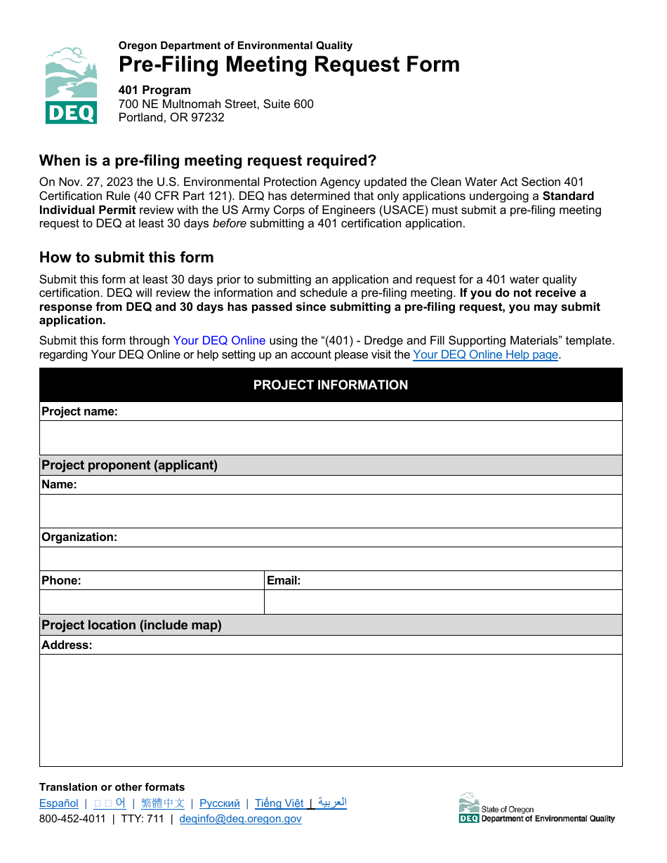 Pre-filing Meeting Request Form - 401 Program - Oregon, Page 1