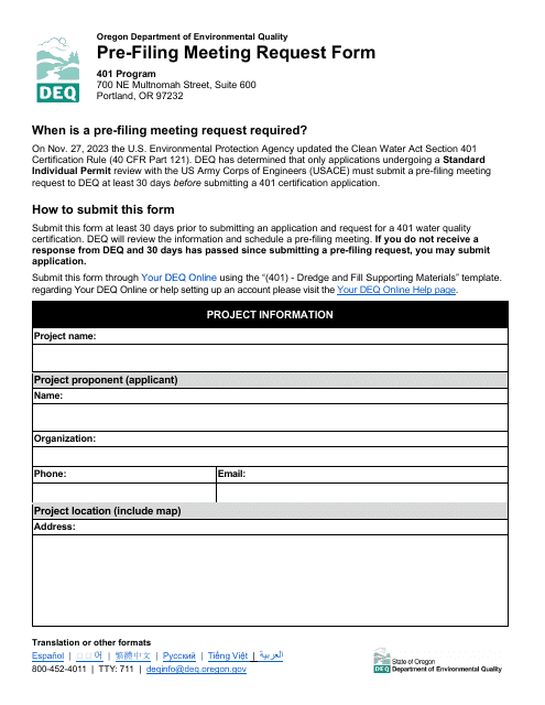 Pre-filing Meeting Request Form - 401 Program - Oregon Download Pdf