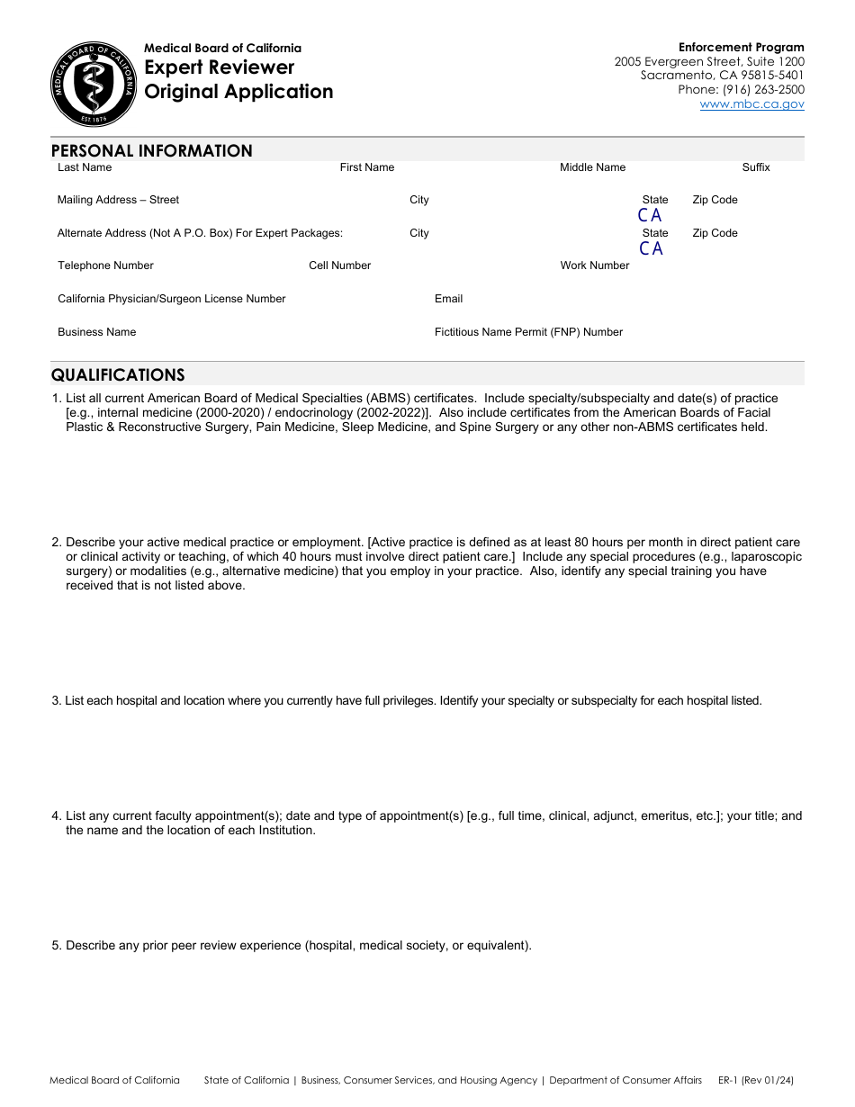 Form ER-1 Expert Reviewer Original Application - California, Page 1