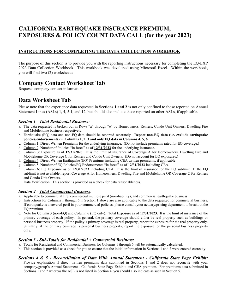 Instructions for California Earthquake Insurance Premium, Exposure  Policy Count Data Call - Data Collection Workbook - California, Page 1