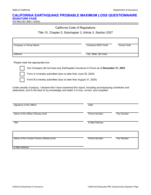 Form CDI RSU-001 2024 Printable Pdf