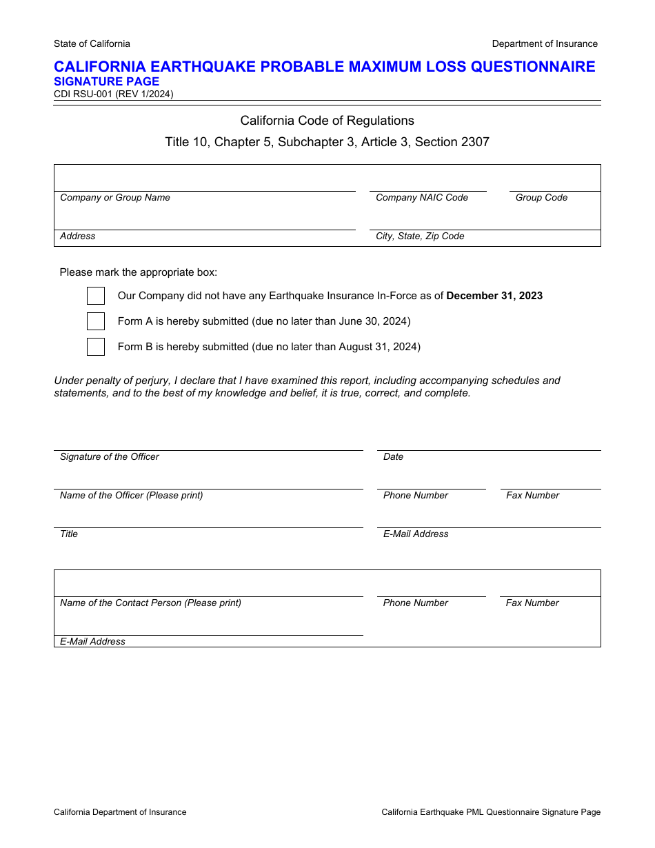 Form CDI RSU-001 California Earthquake Probable Maximum Loss Questionnaire Signature Page - California, Page 1