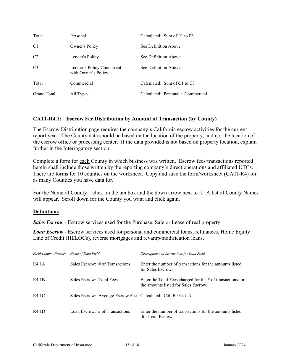 Instructions for California Title Insurance Statistical Plan and Income Statement Report - California, Page 15