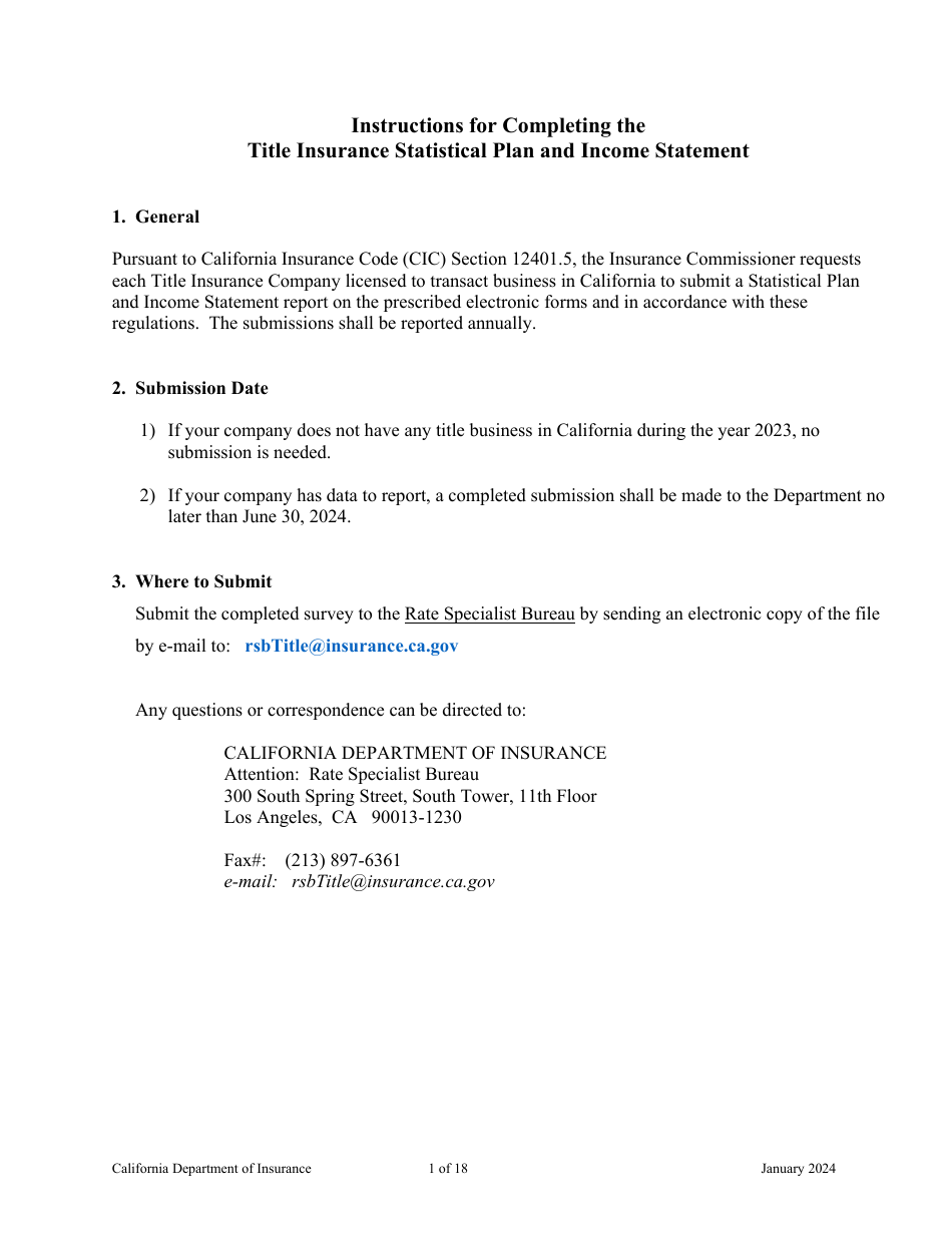Instructions for California Title Insurance Statistical Plan and Income Statement Report - California, Page 1