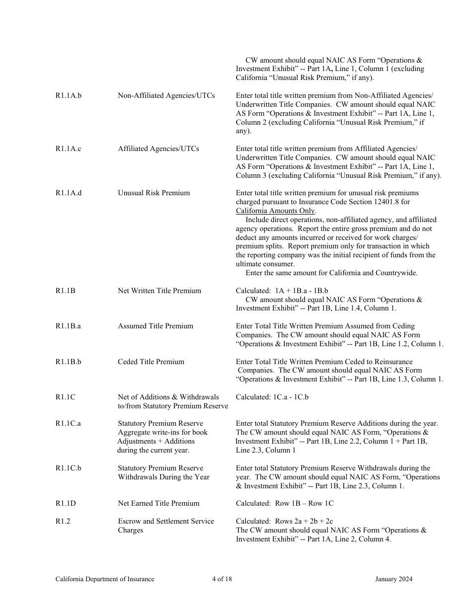Instructions for California Title Insurance Statistical Plan and Income Statement Report - California, Page 4