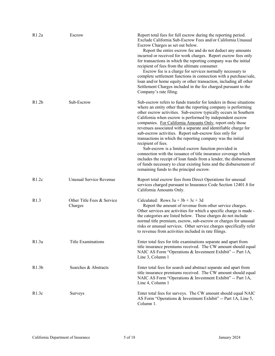 Instructions for California Title Insurance Statistical Plan and Income Statement Report - California, Page 5
