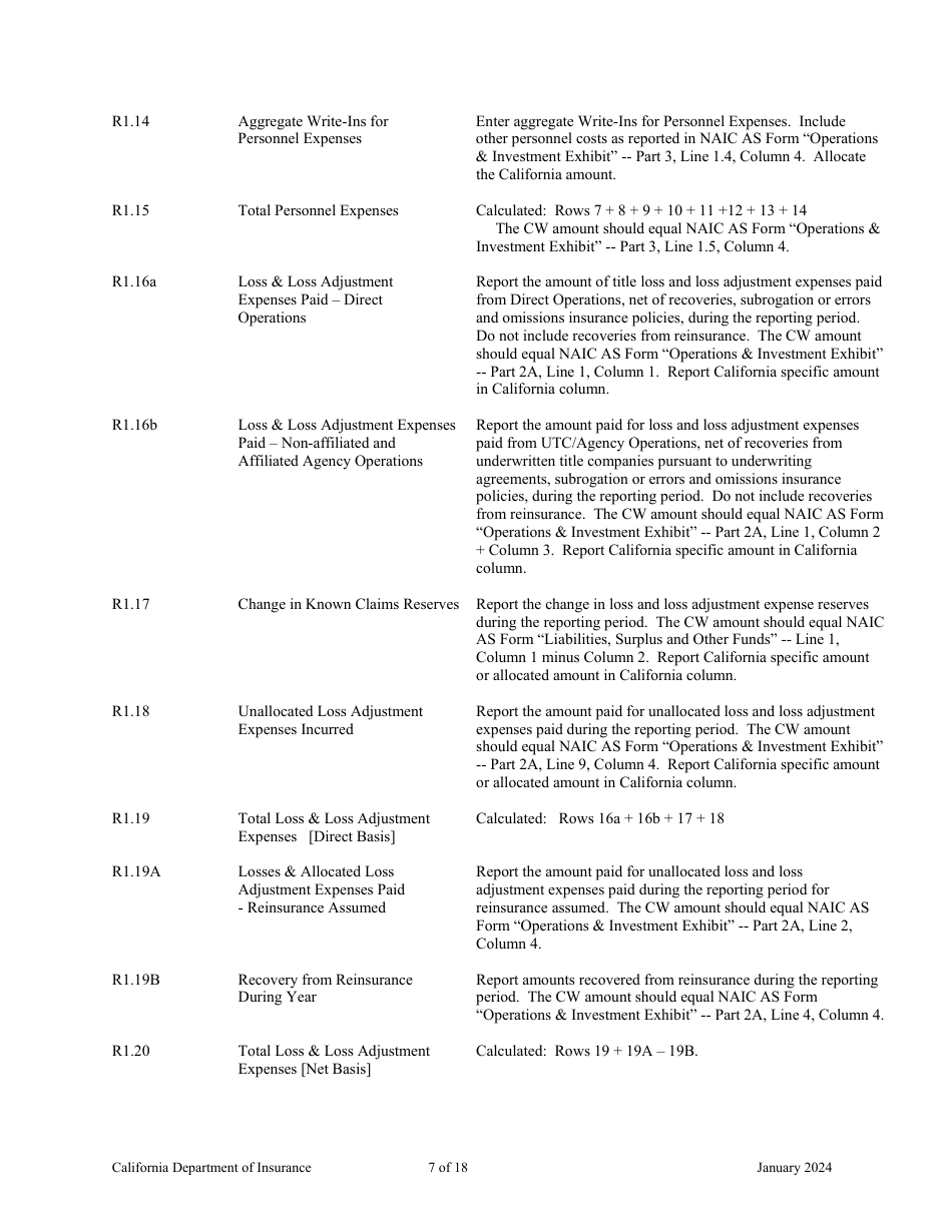 Instructions for California Title Insurance Statistical Plan and Income Statement Report - California, Page 7