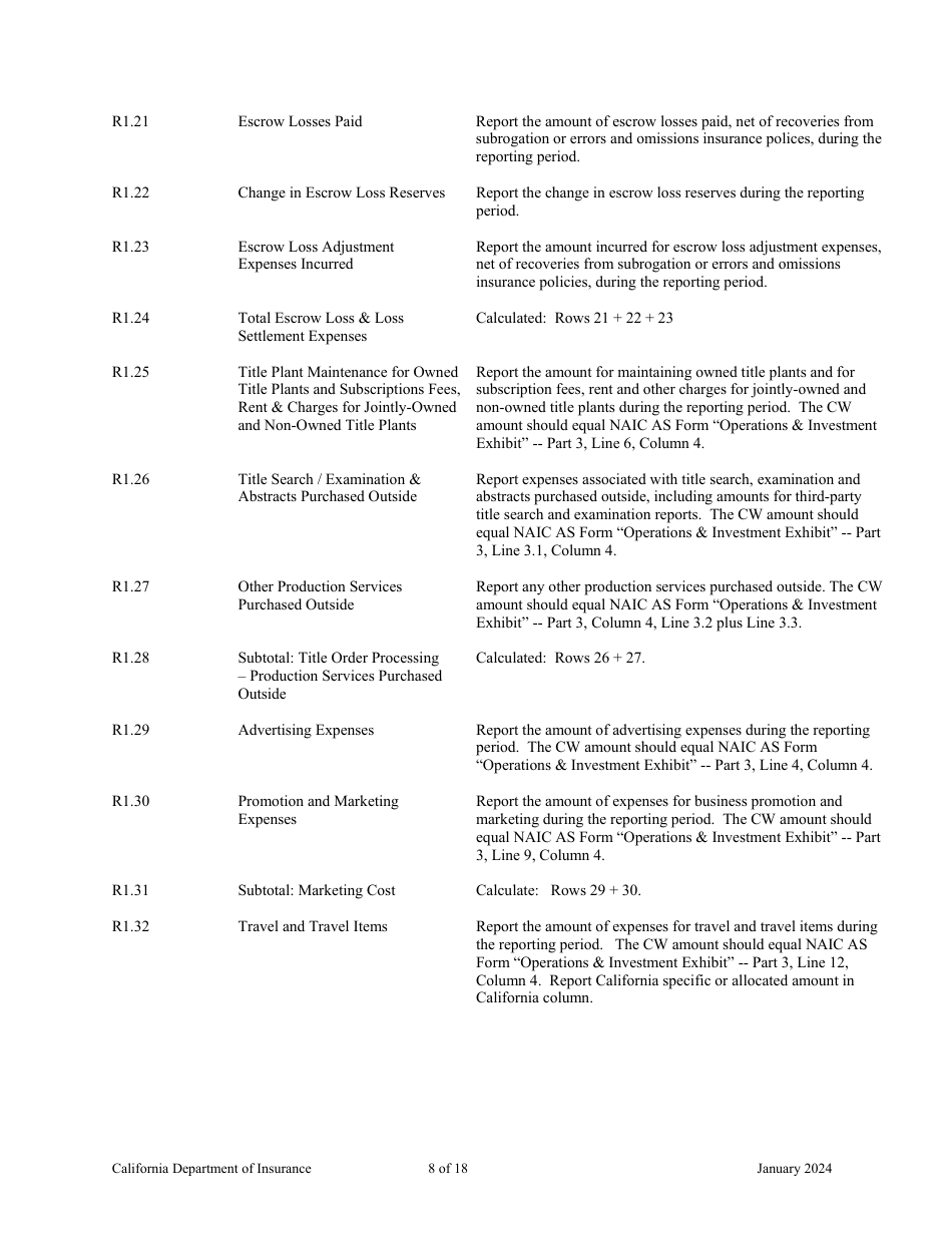 Instructions for California Title Insurance Statistical Plan and Income Statement Report - California, Page 8
