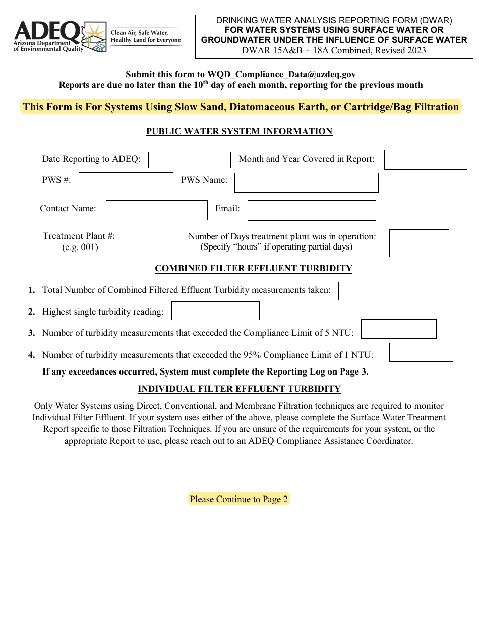 Form DWAR15AB Drinking Water Analysis Reporting Form (Dwar) for Water Systems Using Surface Water or Groundwater Under the Influence of Surface Water - Slow Sand, Diatomaceous Earth, or Cartridge / Bag Filtration - Arizona, Page 1