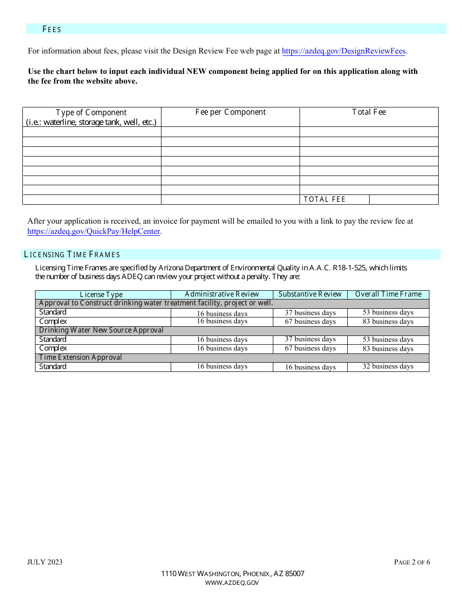 Approval to Construct Drinking Water Facilities Application - Arizona, Page 2