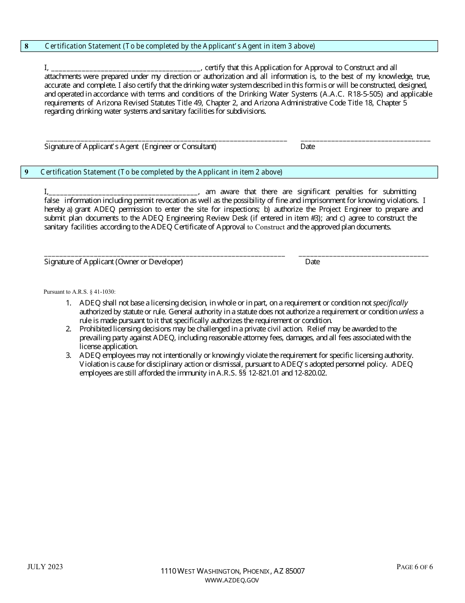 Approval to Construct Drinking Water Facilities Application - Arizona, Page 6