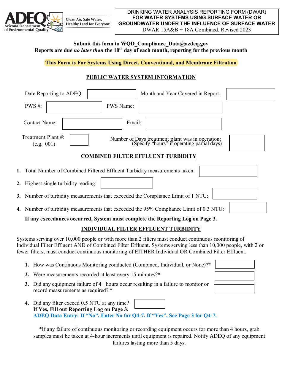 Form DWAR15AB Drinking Water Analysis Reporting Form (Dwar) for Water Systems Using Surface Water or Groundwater Under the Influence of Surface Water - Direct, Conventional, and Membrane Filtration - Arizona, Page 1