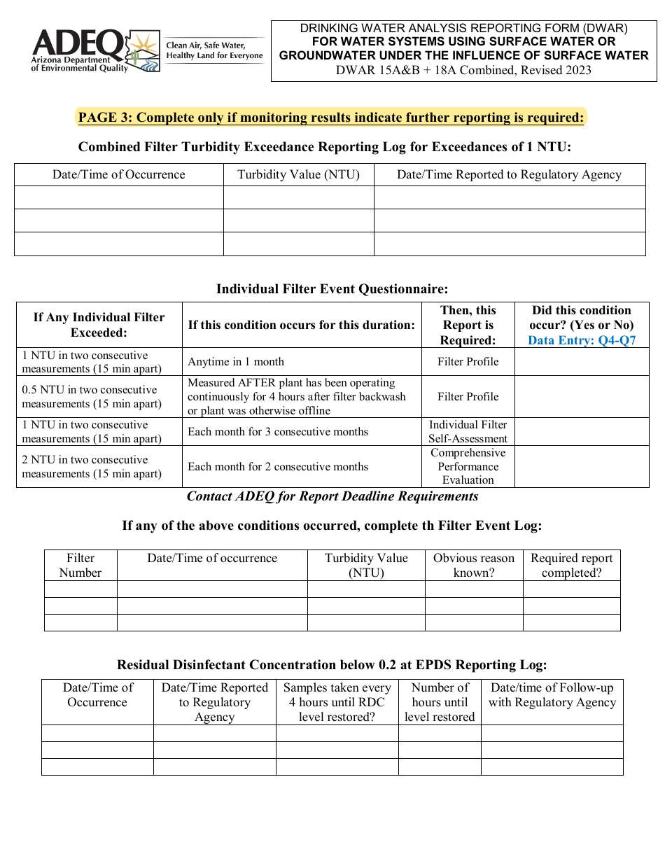 Form DWAR15AB Drinking Water Analysis Reporting Form (Dwar) for Water Systems Using Surface Water or Groundwater Under the Influence of Surface Water - Direct, Conventional, and Membrane Filtration - Arizona, Page 3