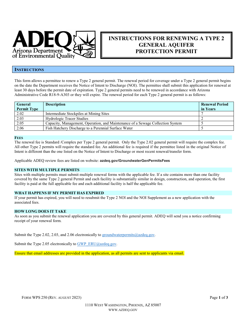 Form WPS250 Renewal Form for a Type 2 General Aquifer Protection Permit - Arizona, Page 1