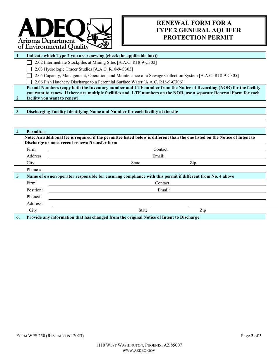 Form WPS250 Renewal Form for a Type 2 General Aquifer Protection Permit - Arizona, Page 2