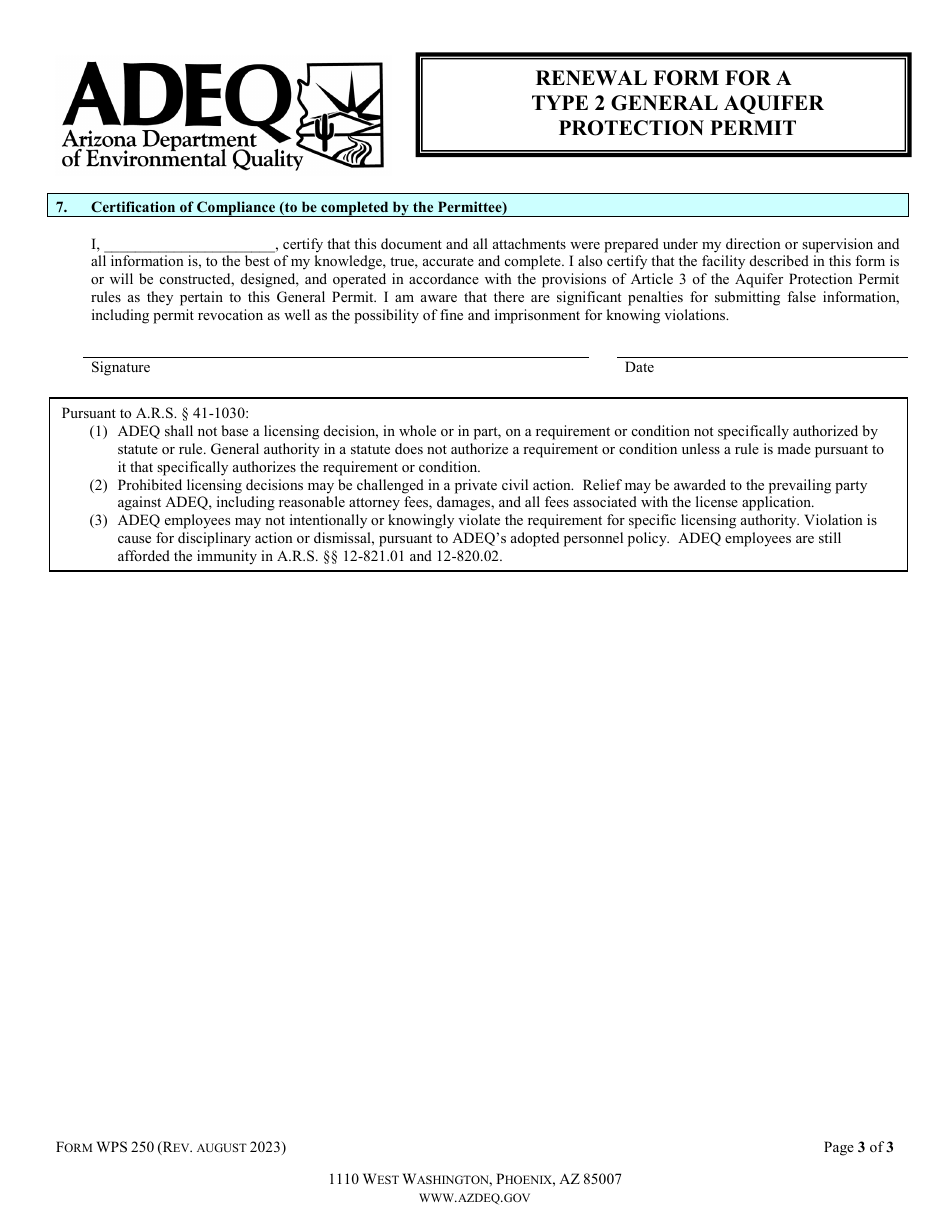 Form WPS250 Renewal Form for a Type 2 General Aquifer Protection Permit - Arizona, Page 3
