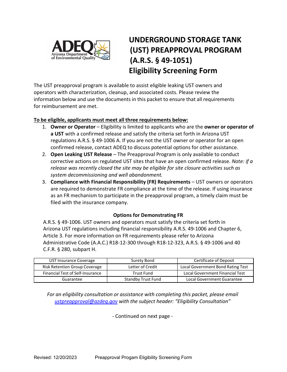 Underground Storage Tank (Ust) Preapproval Program Eligibility Screening Form - Arizona, Page 1