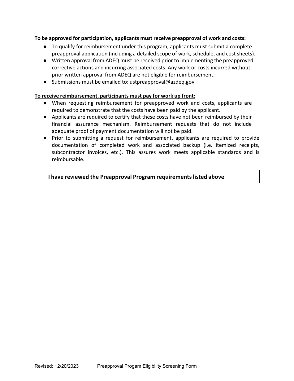 Underground Storage Tank (Ust) Preapproval Program Eligibility Screening Form - Arizona, Page 2