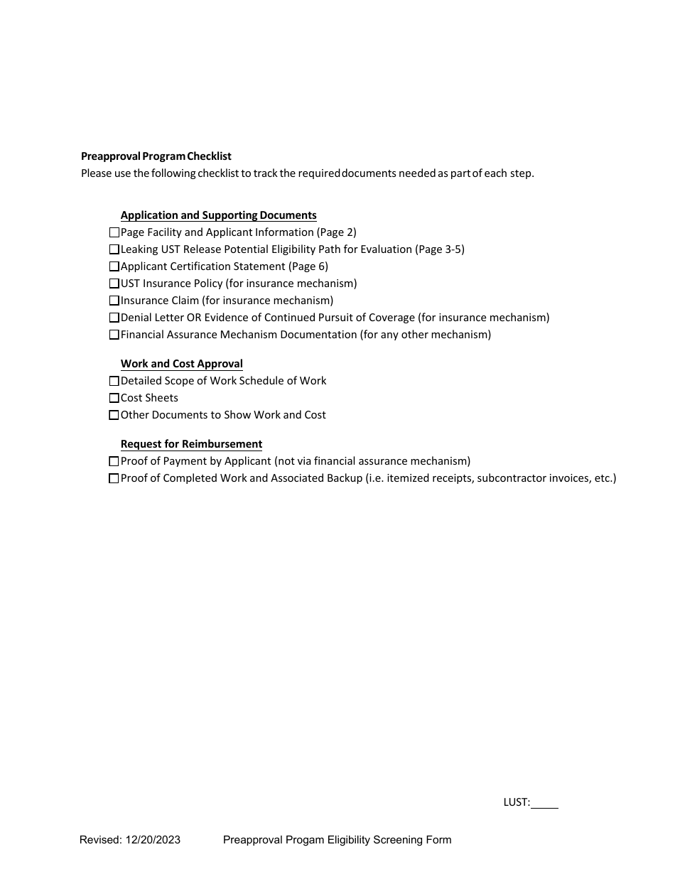 Underground Storage Tank (Ust) Preapproval Program Eligibility Screening Form - Arizona, Page 3