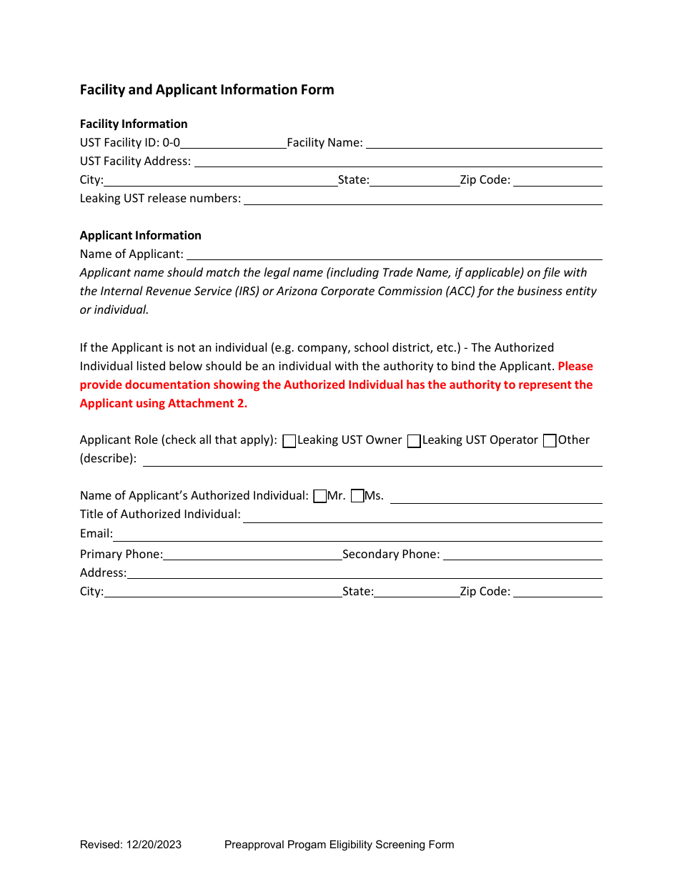 Underground Storage Tank (Ust) Preapproval Program Eligibility Screening Form - Arizona, Page 4