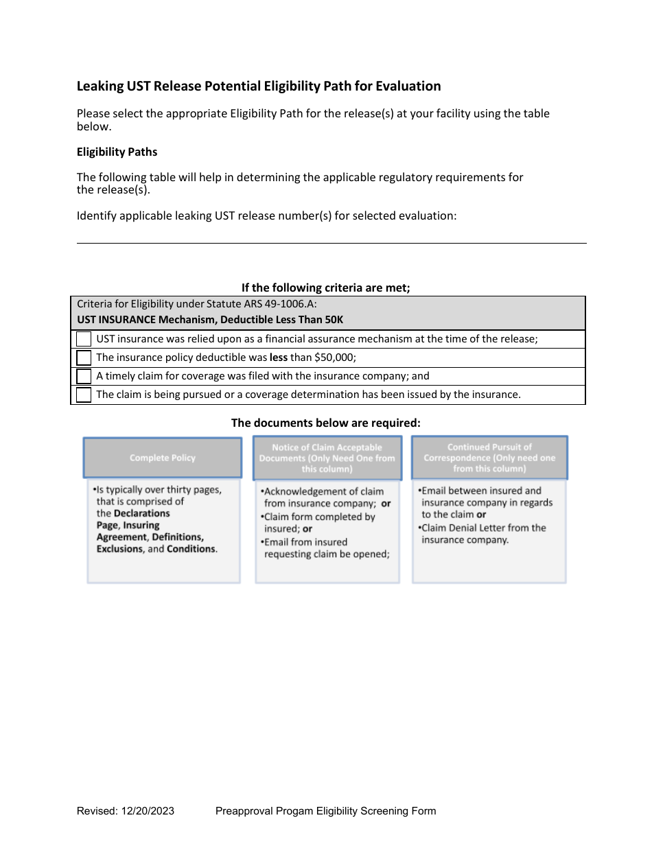 Underground Storage Tank (Ust) Preapproval Program Eligibility Screening Form - Arizona, Page 5