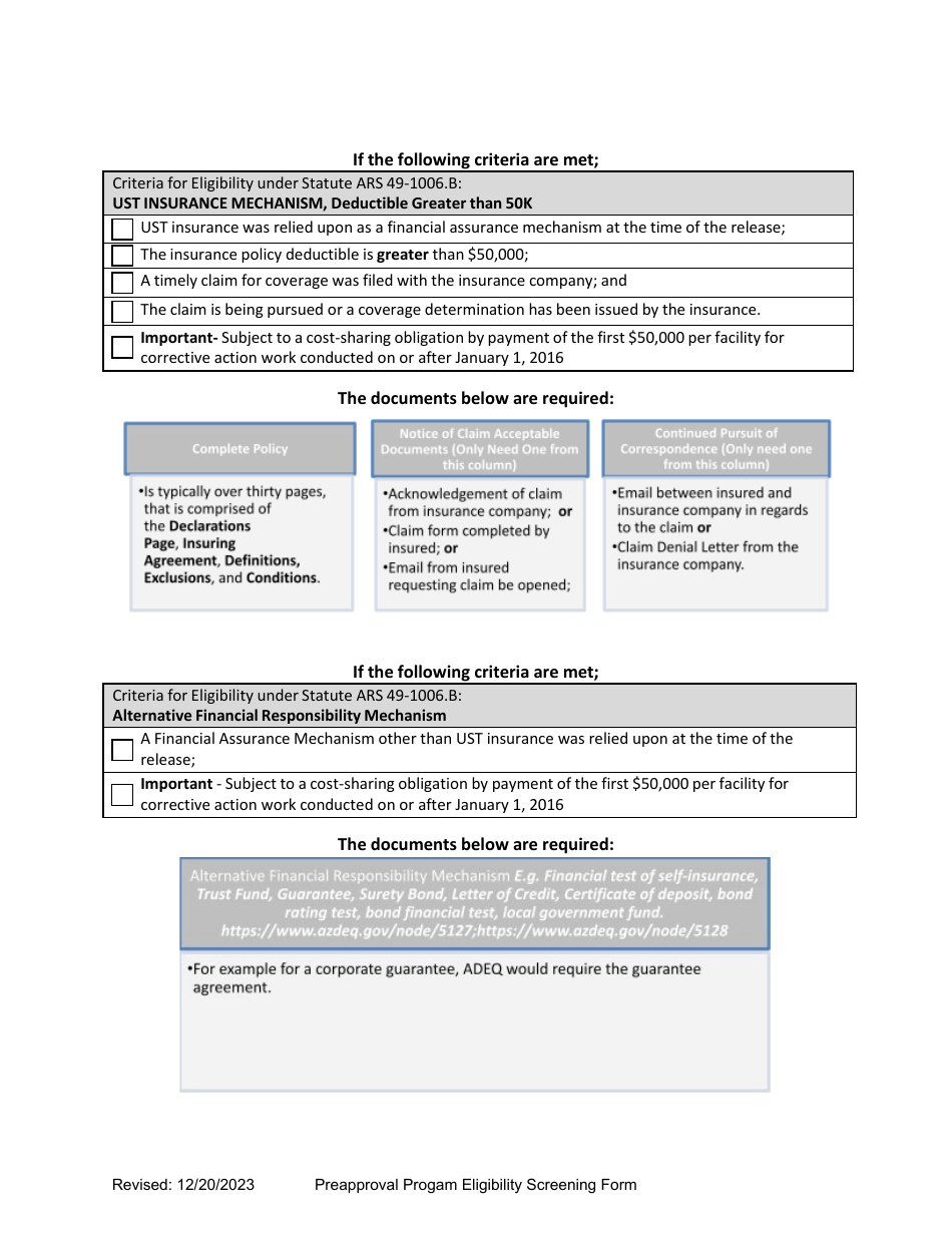 Underground Storage Tank (Ust) Preapproval Program Eligibility Screening Form - Arizona, Page 6