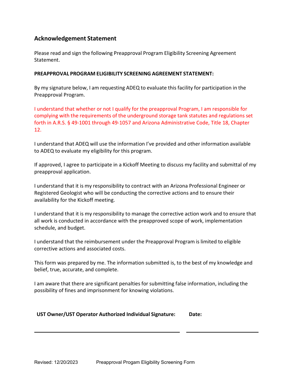 Underground Storage Tank (Ust) Preapproval Program Eligibility Screening Form - Arizona, Page 8
