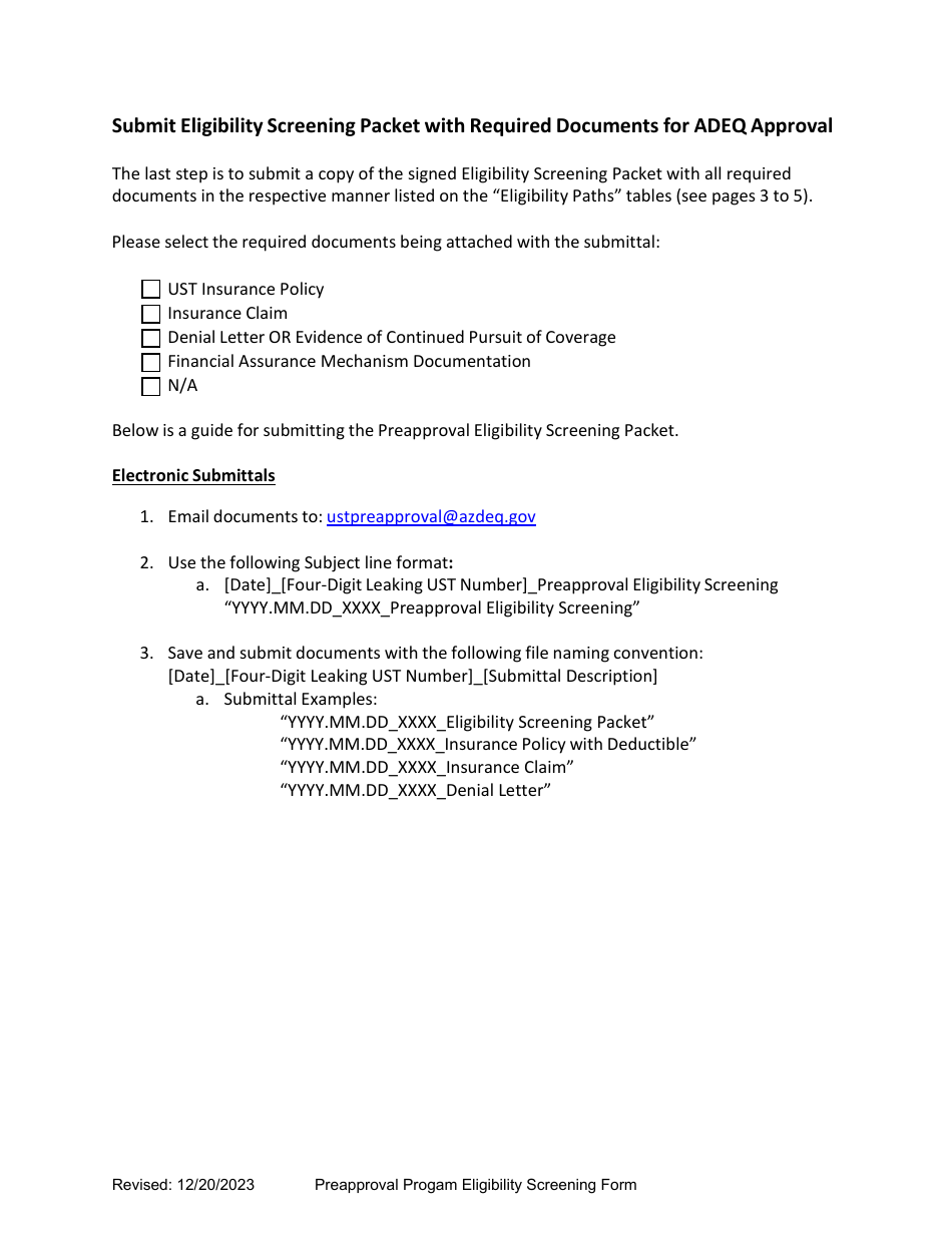 Underground Storage Tank (Ust) Preapproval Program Eligibility Screening Form - Arizona, Page 9