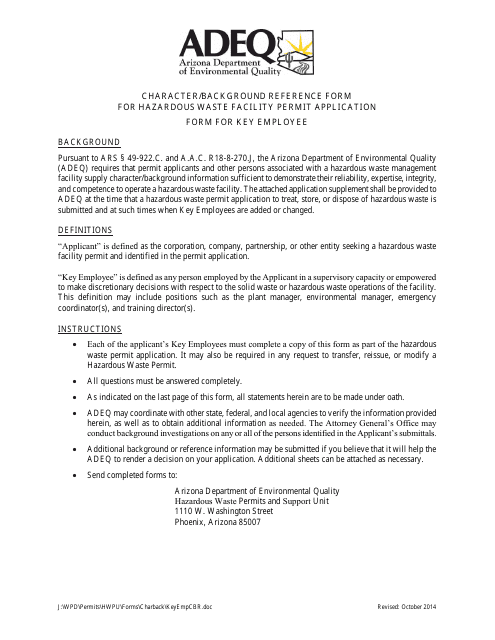 Character / Background Reference Form for Hazardous Waste Facility Permit Application - Form for Key Employee - Arizona Download Pdf