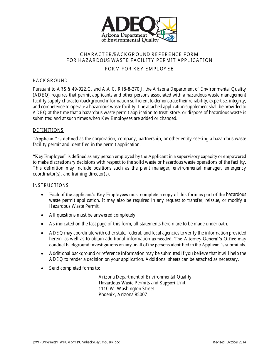 Arizona Character/Background Reference Form for Hazardous Waste ...