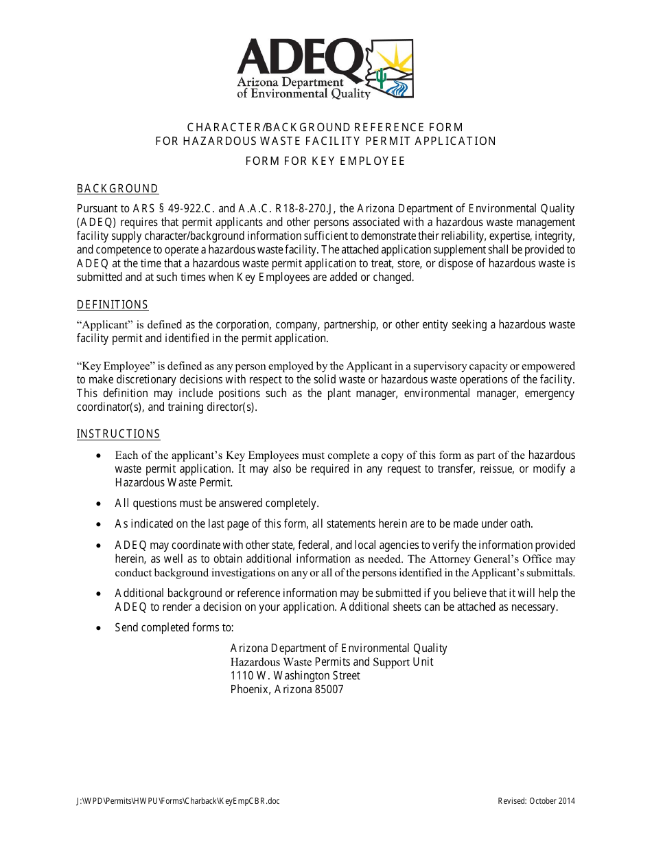Character / Background Reference Form for Hazardous Waste Facility Permit Application - Form for Key Employee - Arizona, Page 1