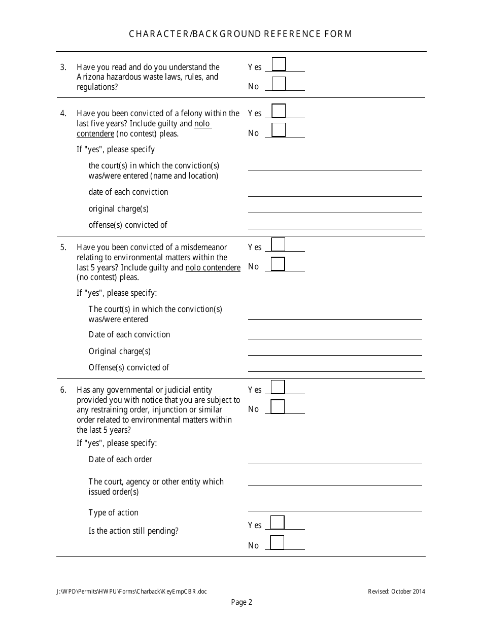 Character / Background Reference Form for Hazardous Waste Facility Permit Application - Form for Key Employee - Arizona, Page 3