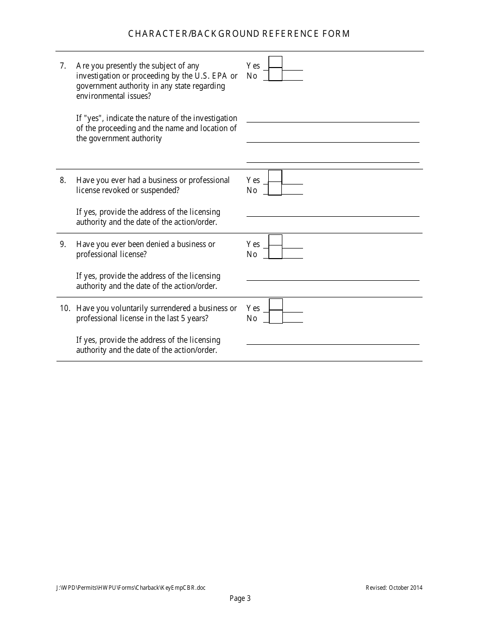 Character / Background Reference Form for Hazardous Waste Facility Permit Application - Form for Key Employee - Arizona, Page 4