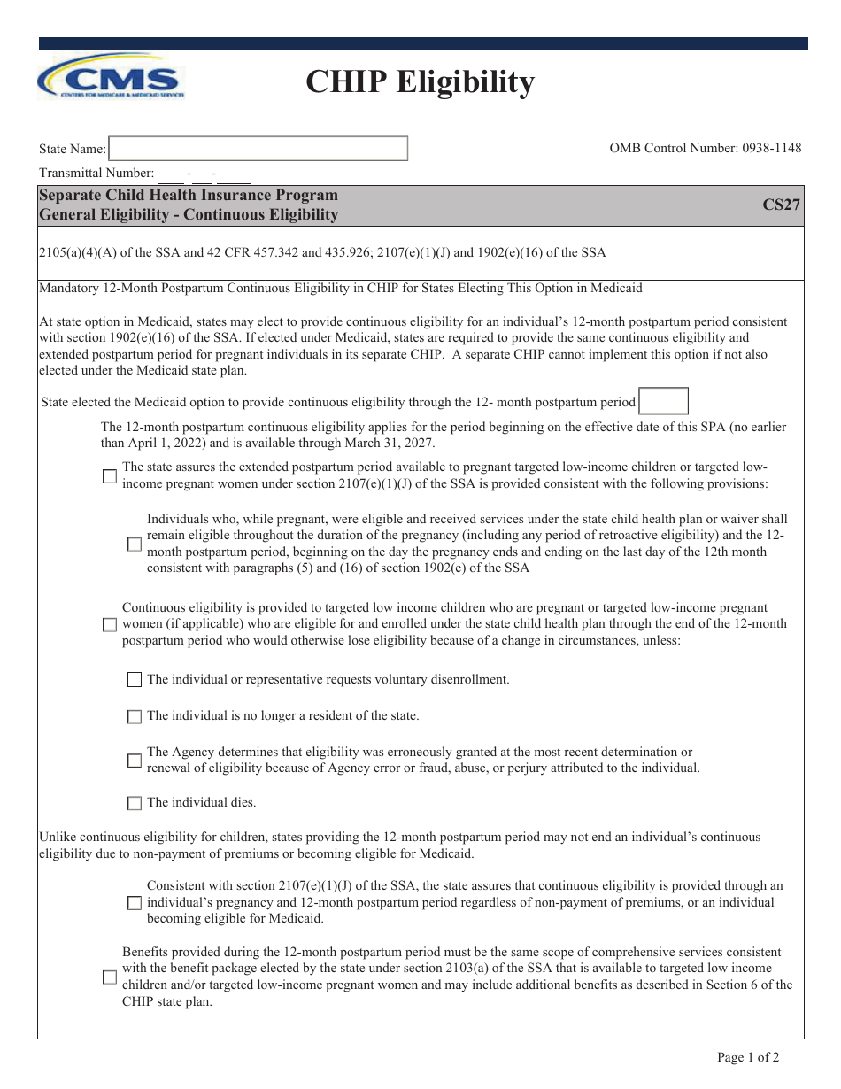 Form CS27 Separate Child Health Insurance Program General Eligibility - Continuous Eligibility, Page 1