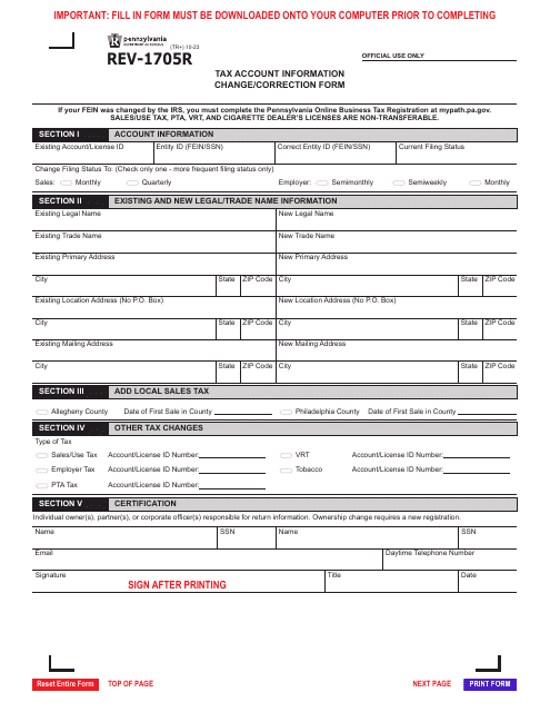 Form REV-1705R Tax Account Information Change/Correction Form - Pennsylvania