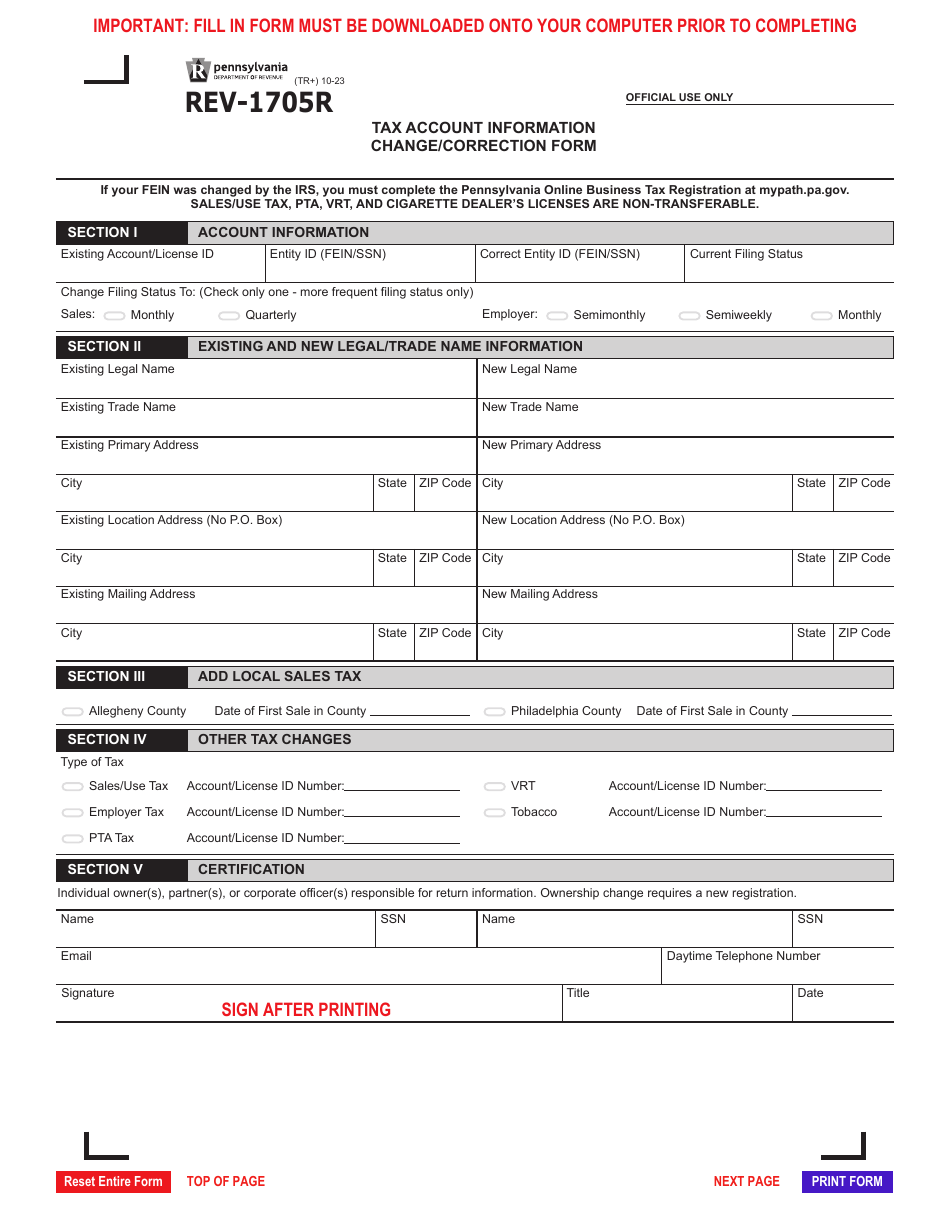 Form REV-1705R Tax Account Information Change / Correction Form - Pennsylvania, Page 1
