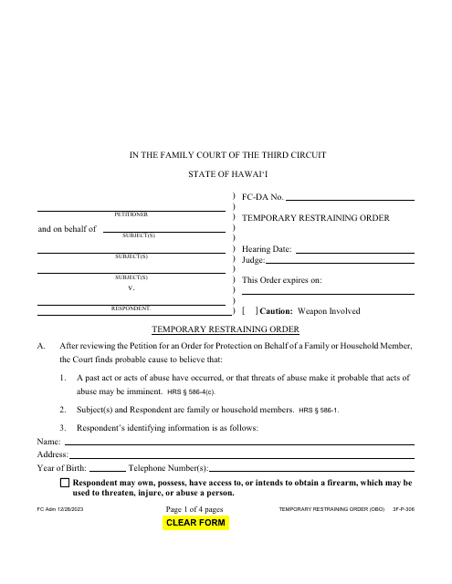 Form 3F-P-306 Temporary Restraining Order - Hawaii